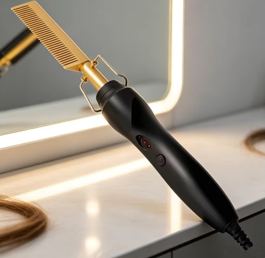 Peigne chauffant Lissavea doré et noir mat sur une coiffeuse